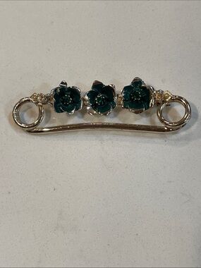 VINTAGE Gold Tone Floral Costume Brooch with Dark Teal Enamel Flowers